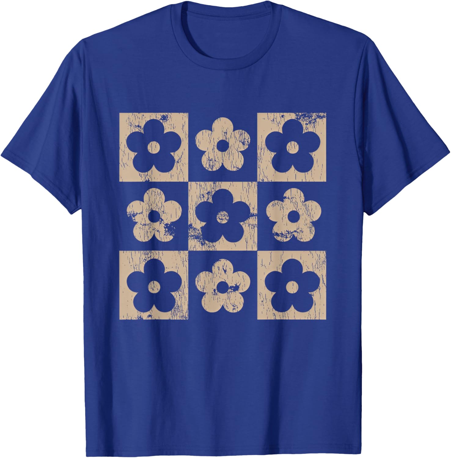 Neutral Checkerboard Daisy Flowers Retro Boho Floral Women T-Shirt - T-Shirt | Royal
