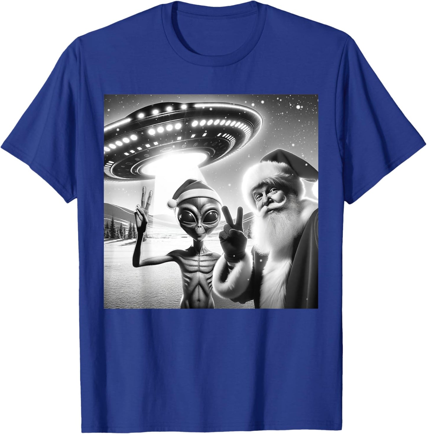 Funny Santa Selfie Alien UFO Lover Peace Sign Ugly Christmas T-Shirt - T-Shirt | Royal