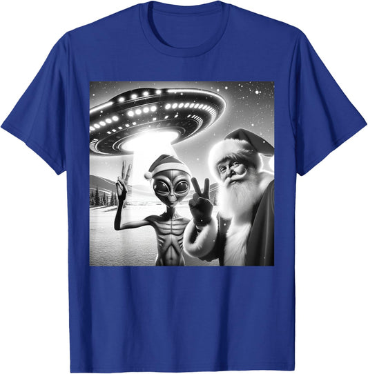 Funny Santa Selfie Alien UFO Lover Peace Sign Ugly Christmas T-Shirt - T-Shirt | Royal