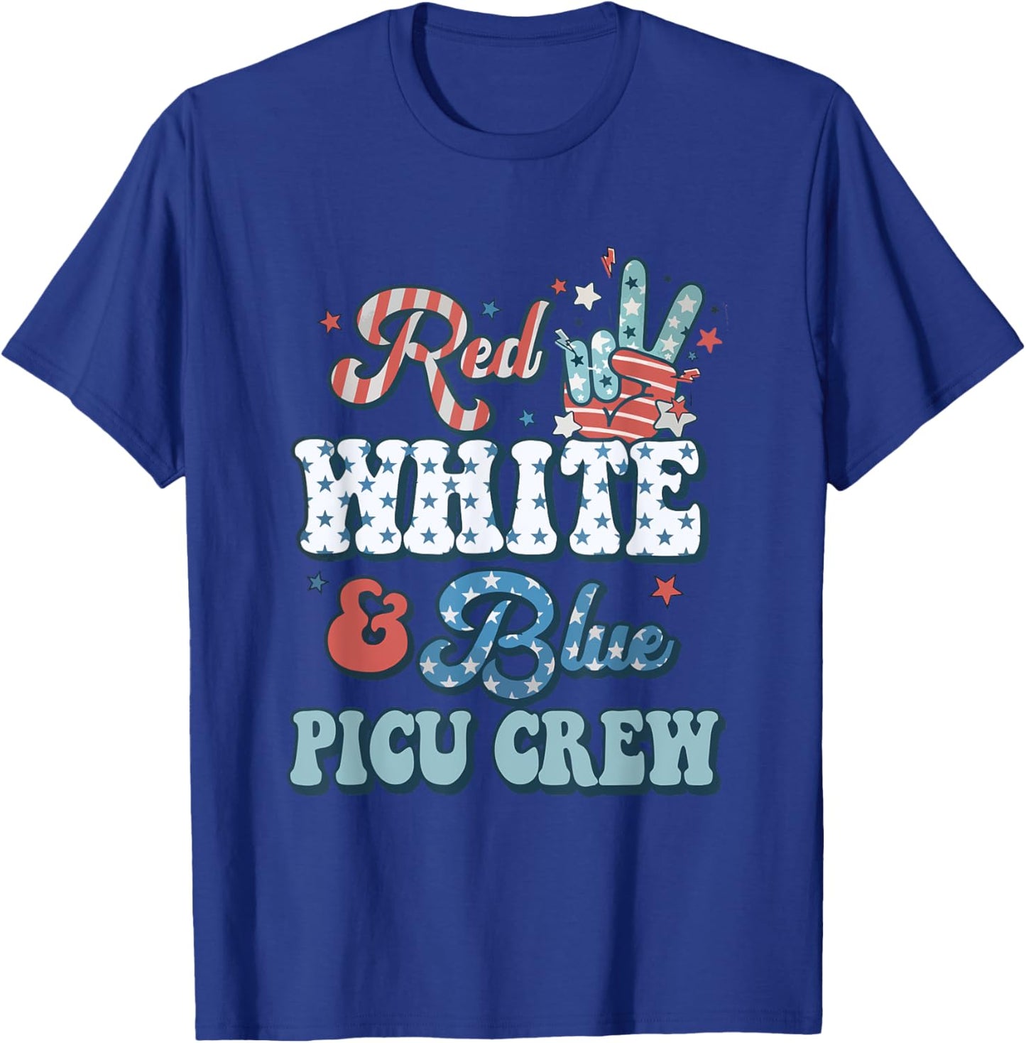 Retro Fourth Of July Vibes Red White Blue PICU Nurse Crew T-Shirt - T-Shirt | Royal