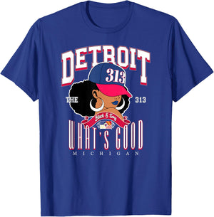 313 Detroit Area Code 'WHAT'S GOOD' Melanated Tribute T-Shirt - T-Shirt | Royal