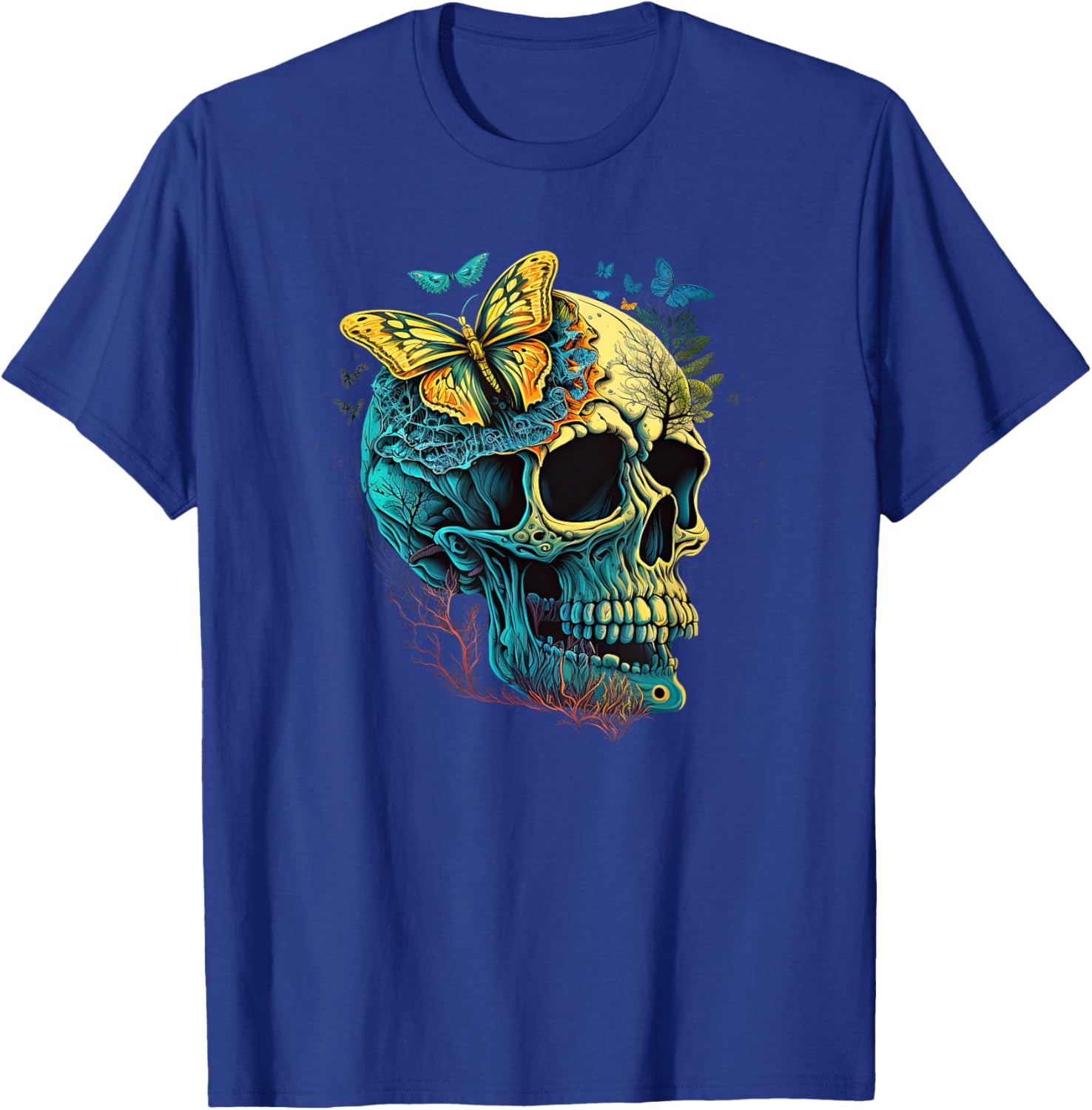 Skull with Vibrant Butterfly flower and mushroom T-Shirt - T-Shirt | Royal