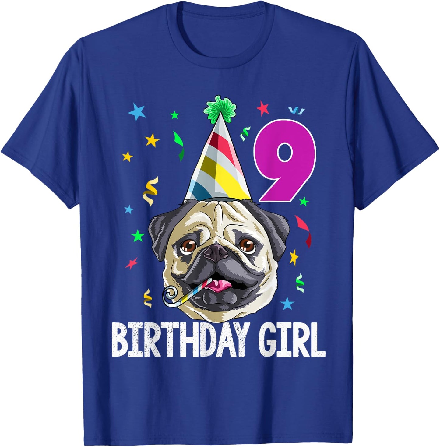 Pug Birthday Girl 9th 9 T Shirt Kids Girls Gift Party T-Shirt - T-Shirt | Royal