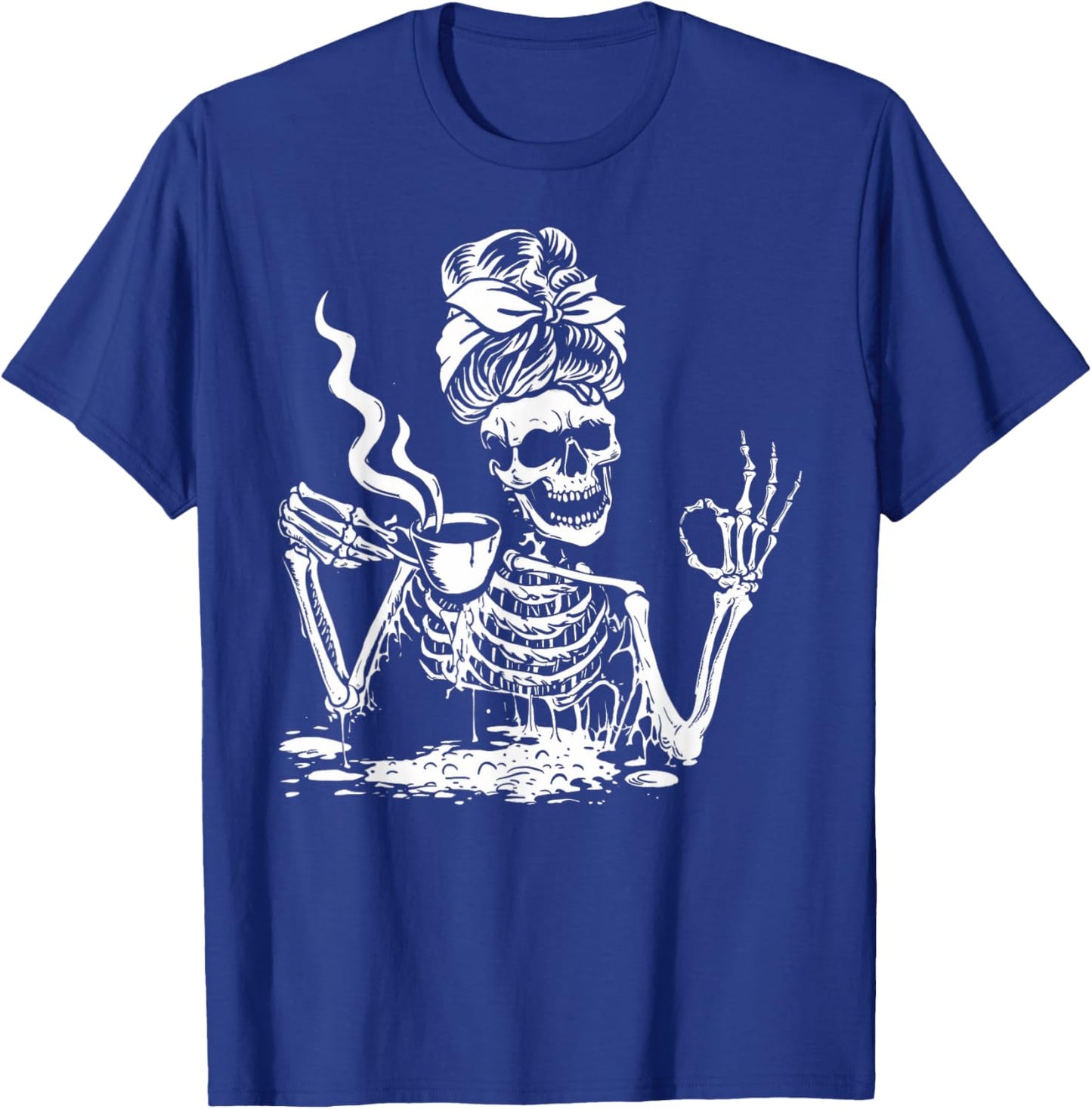Skeleton Drinking Coffee Messy Bun Women Halloween Skeleton T-Shirt - T-Shirt | Royal