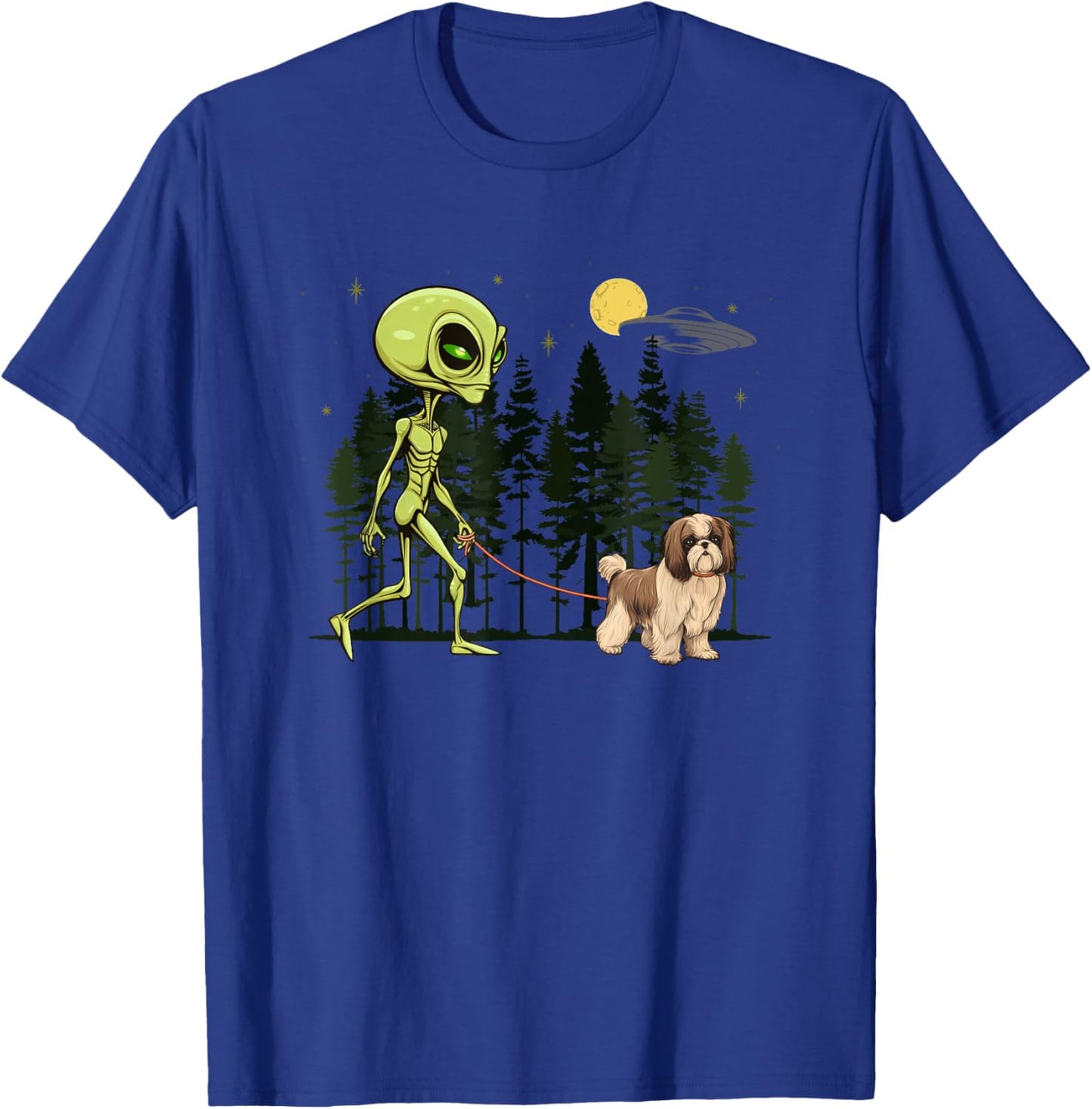 Funny Shih Tzu Alien Walking UFO Pet Dog Mom Dad T-Shirt - T-Shirt | Royal