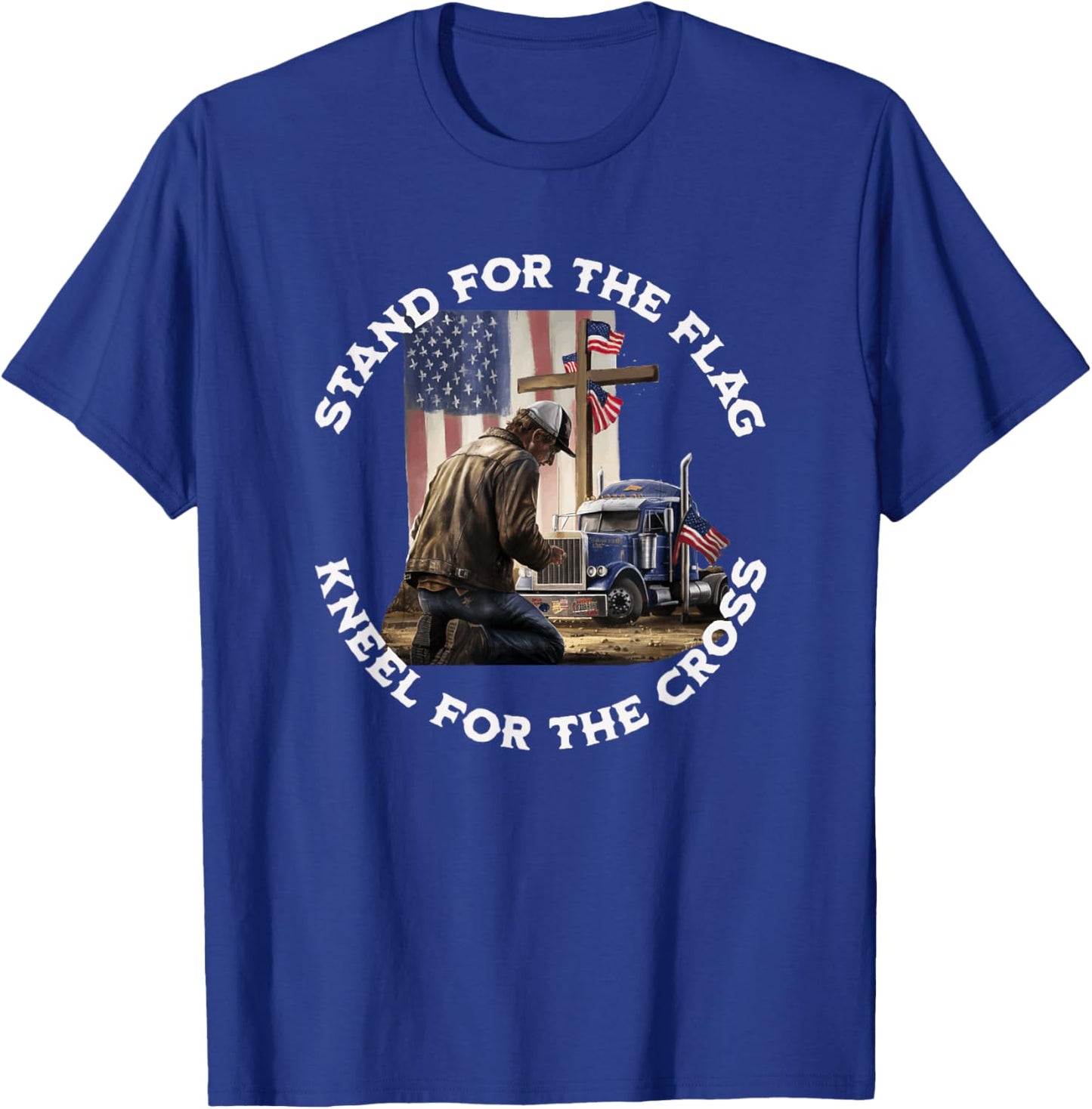 American Trucker Praying At The Cross & US Flag Christian T-Shirt - T-Shirt | Royal