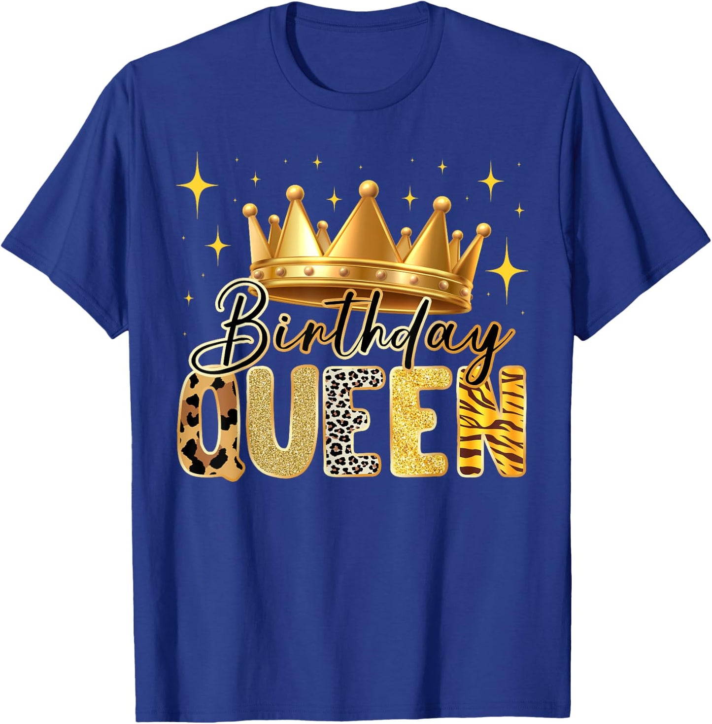 Birthday Queen Animal Print Style with Crown and Stars T-Shirt - T-Shirt | Royal