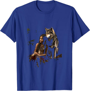 Wolf and Indian Woman Girl Indigenous Ethnic Indians T-Shirt - T-Shirt | Royal