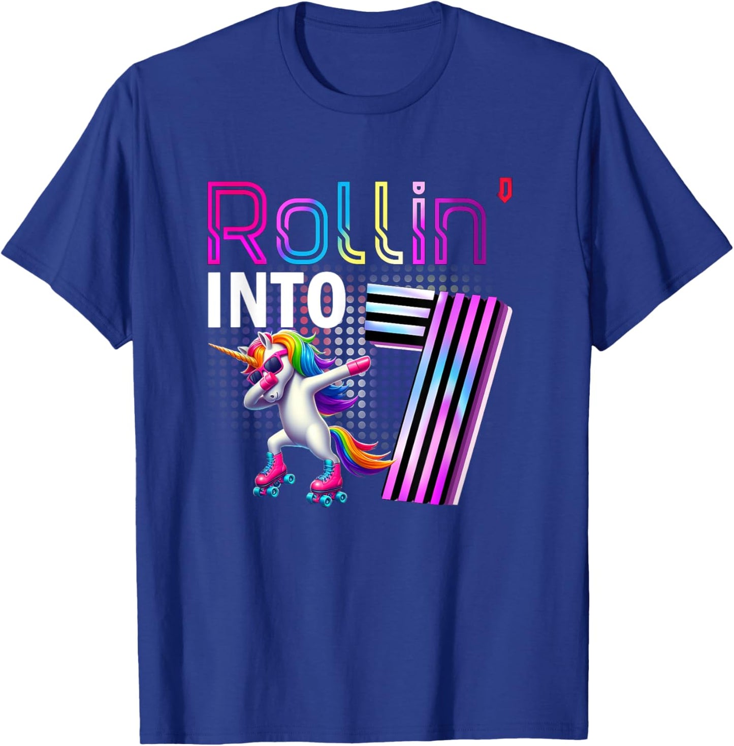 Rollin' into 7 Roller Skating Unicorn 7th Birthday Party T-Shirt - T-Shirt | Royal