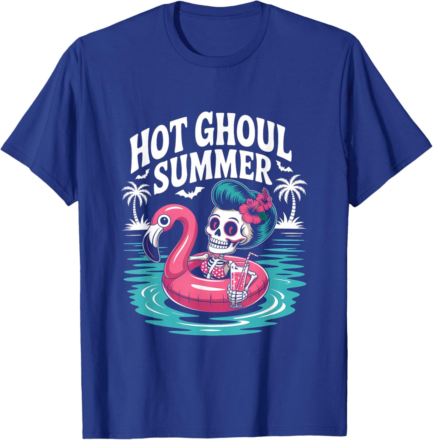 Hot Ghoul Summer Funny Cute Skeleton Flamingo Pool Party T-Shirt - T-Shirt | Royal