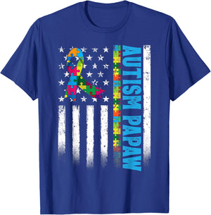 Retro American Flag Autism Papaw Awareness Autistic T-Shirt - T-Shirt | Royal