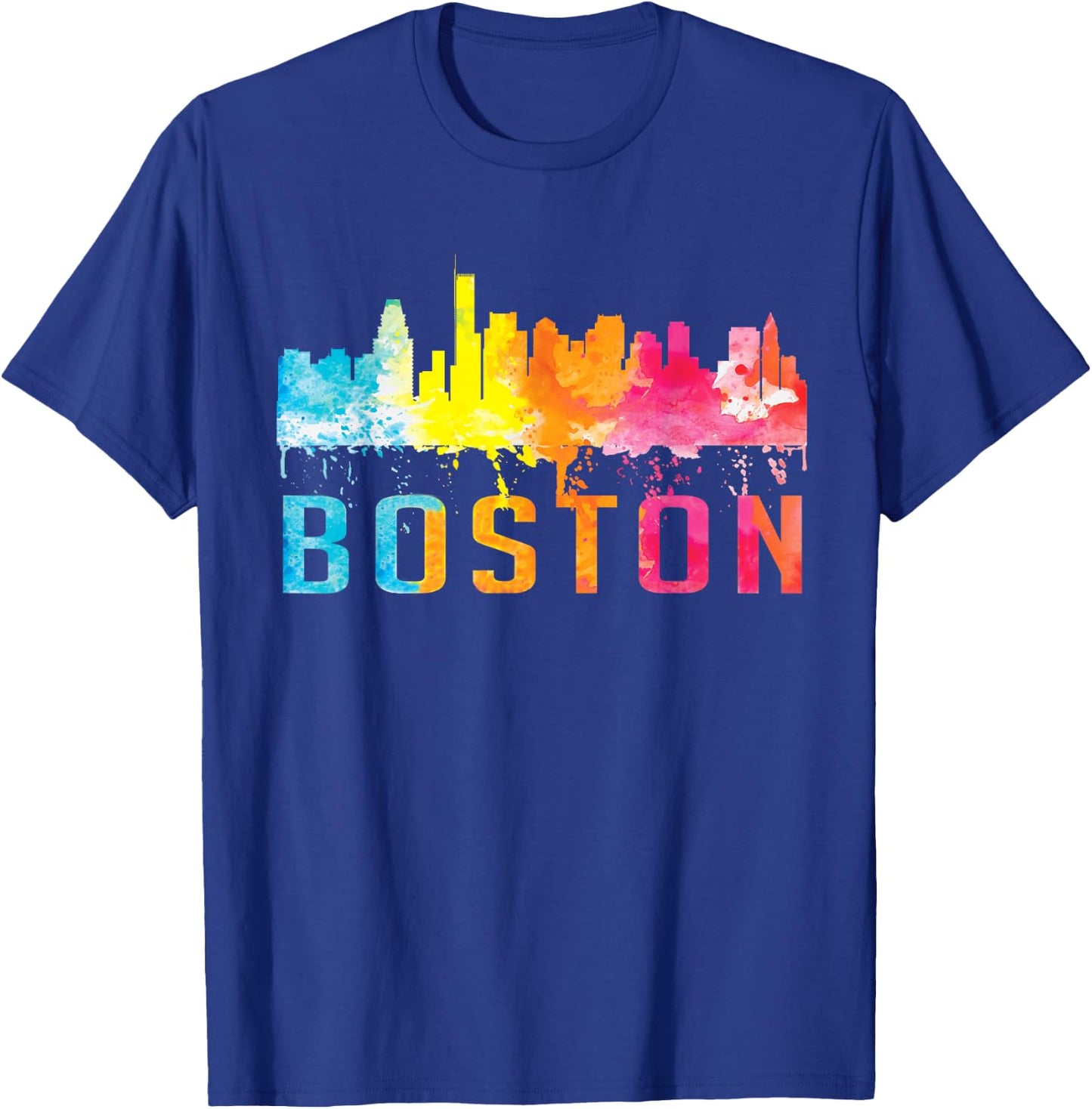 Boston Massachusetts Retro Watercolor Skyline Souvenir T-Shirt - T-Shirt | Royal