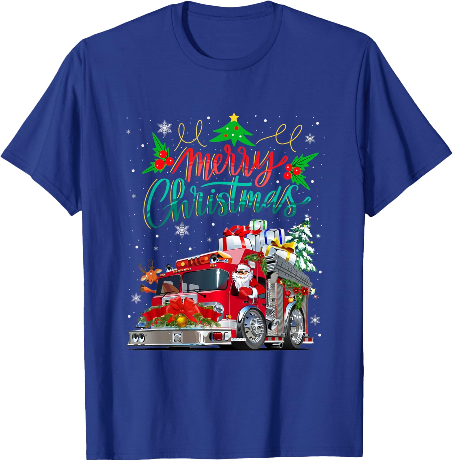 Firetruck Santa Sleigh Fireman Christmas Firefighter Xmas T-Shirt - T-Shirt | Royal