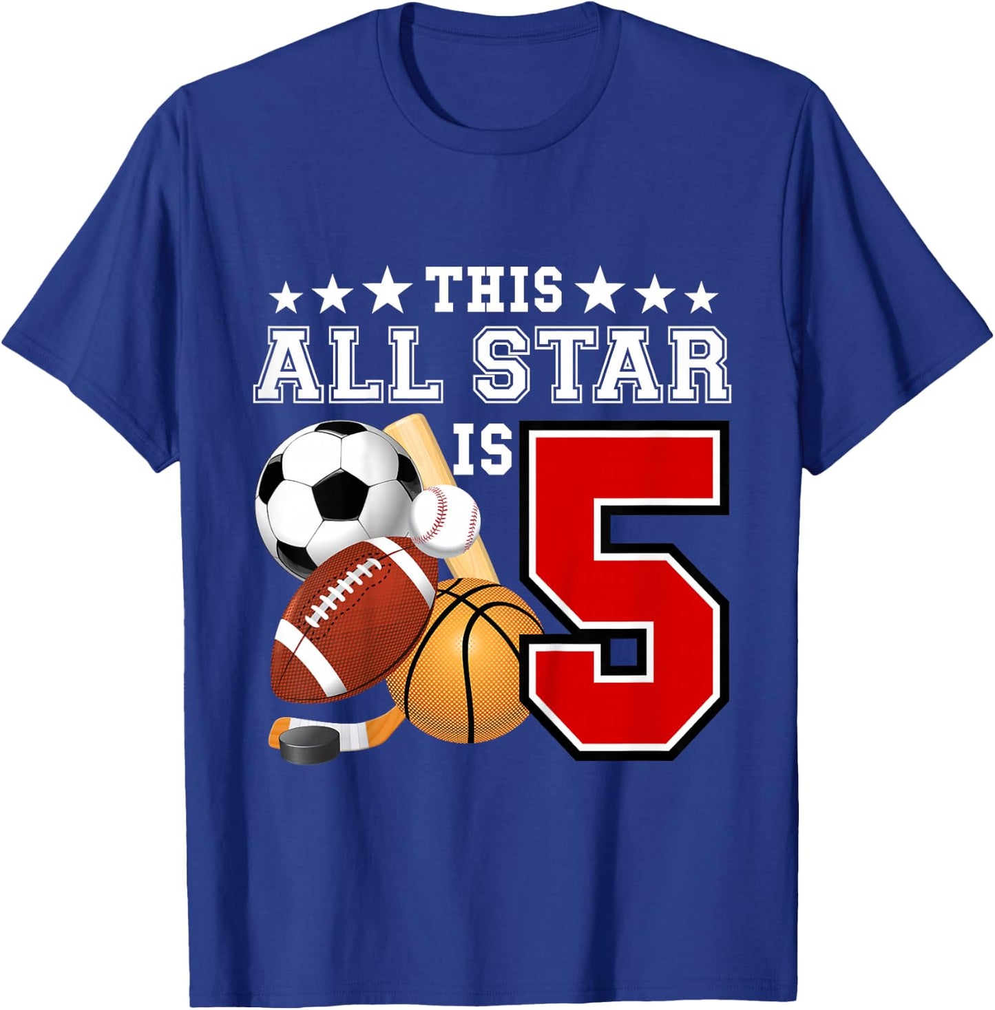 Kids 5 Year Old Sports Star Birthday Party All Sport 5th Gift T-Shirt - T-Shirt | Royal