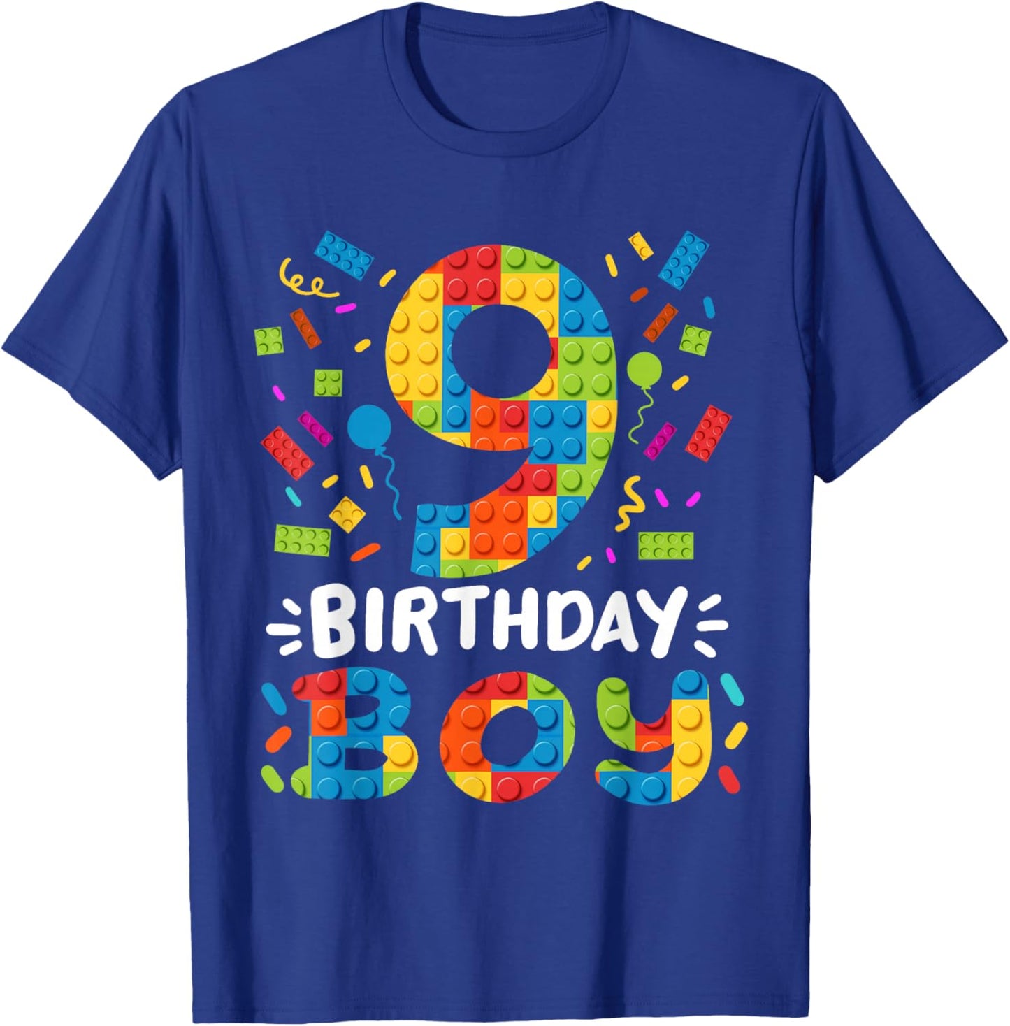 Kids 9 Years Old Building Blocks Builder 9th Birthday Boys T-Shirt - T-Shirt | Royal