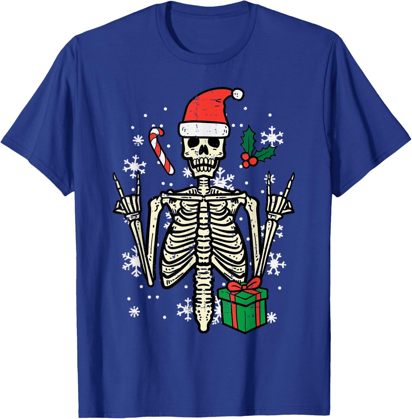 Christmas Rocker Skeleton Santa Rock Hand Xmas Men Boys Kids T-Shirt - T-Shirt | Royal