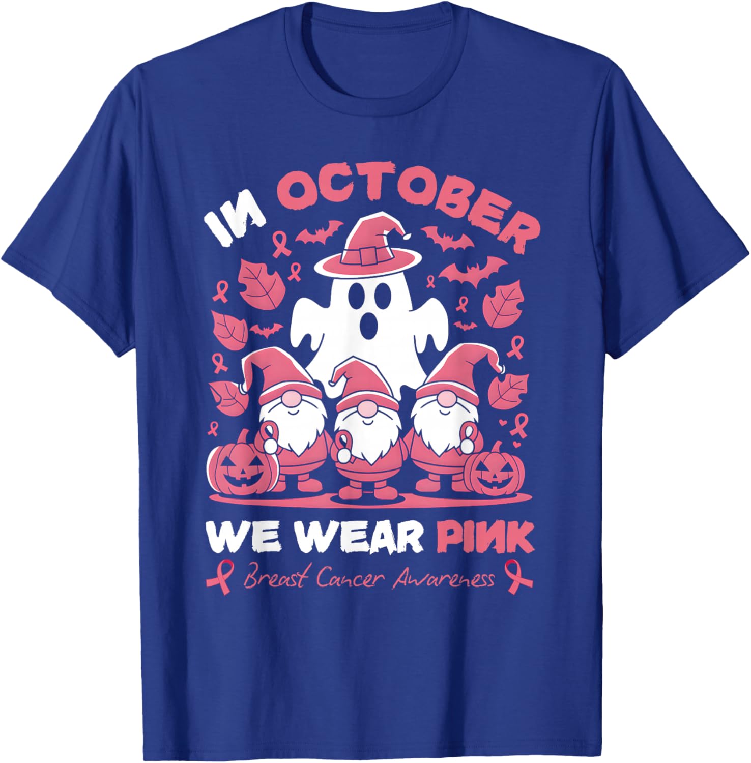 In October We Wear Pink Gnomes Ghost Breast Cancer Awareness T-Shirt - T-Shirt | Royal