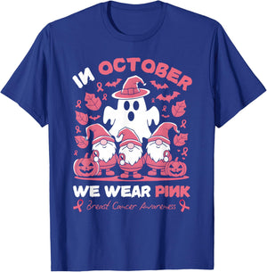 In October We Wear Pink Gnomes Ghost Breast Cancer Awareness T-Shirt - T-Shirt | Royal