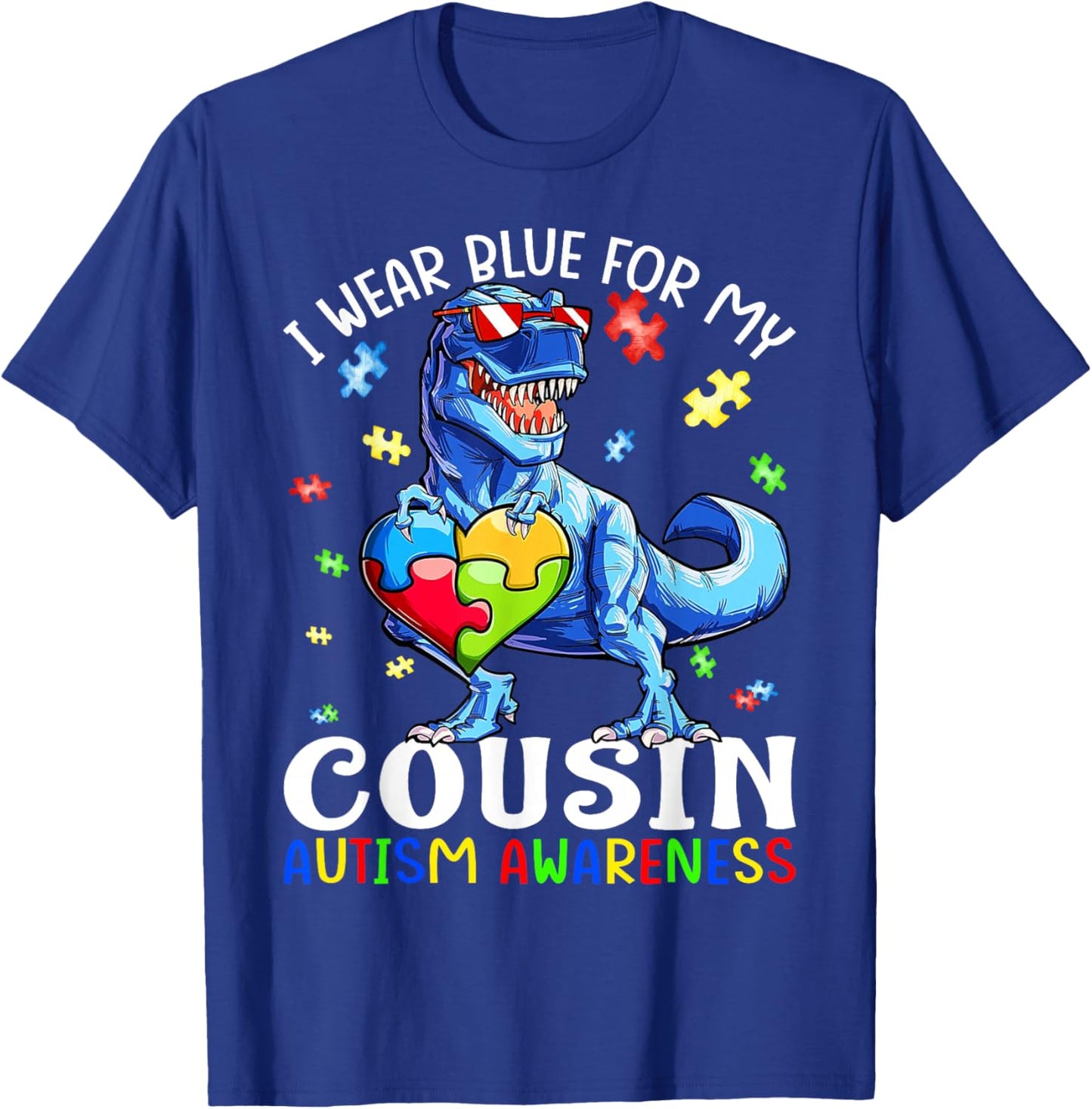 I Wear Blue For My Cousin Autism Awareness Dinosaur T Rex T-Shirt - T-Shirt | Royal