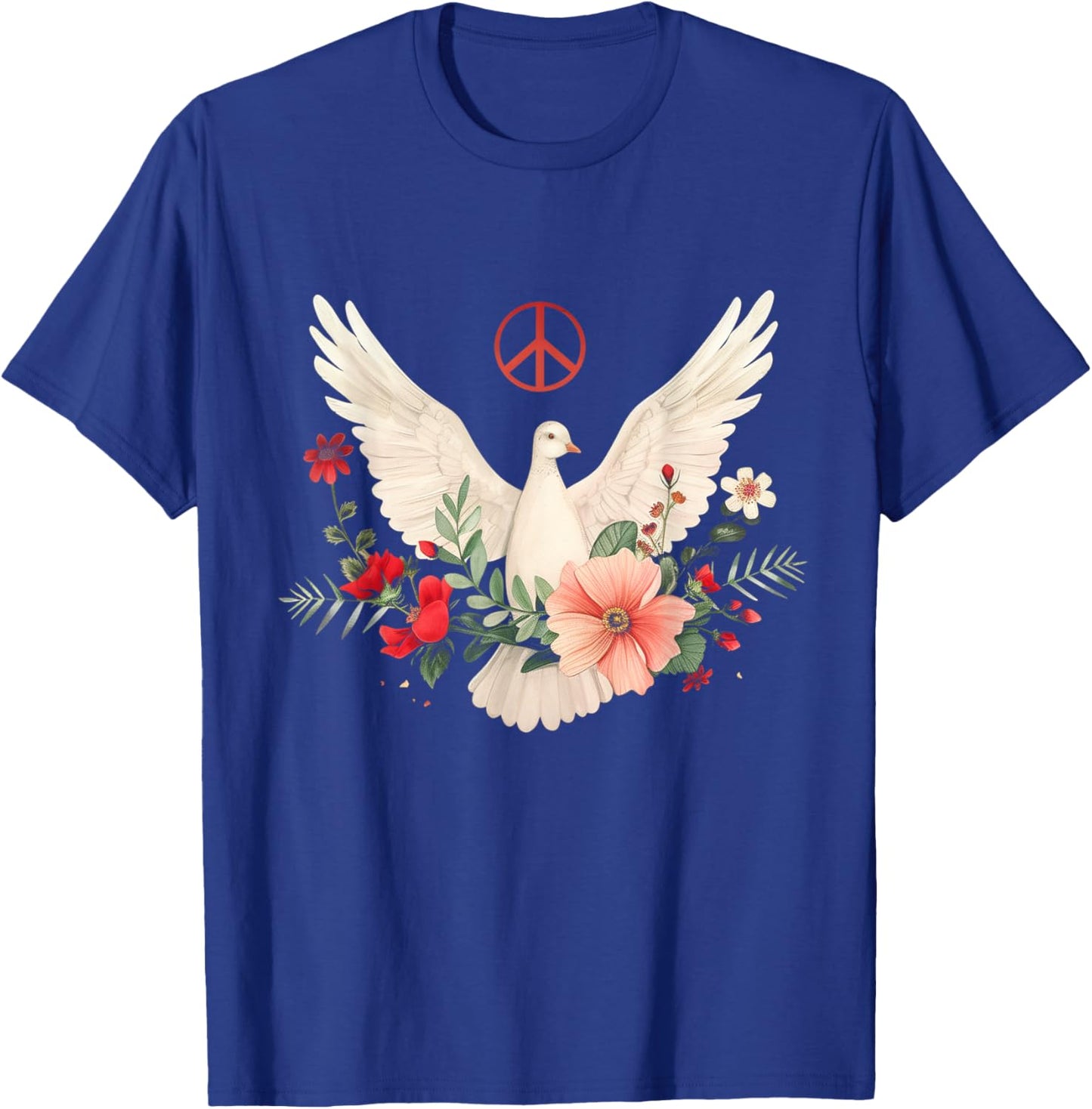Peace Sign Dove White Pigeon Bird Vintage Flowers T-Shirt - T-Shirt | Royal