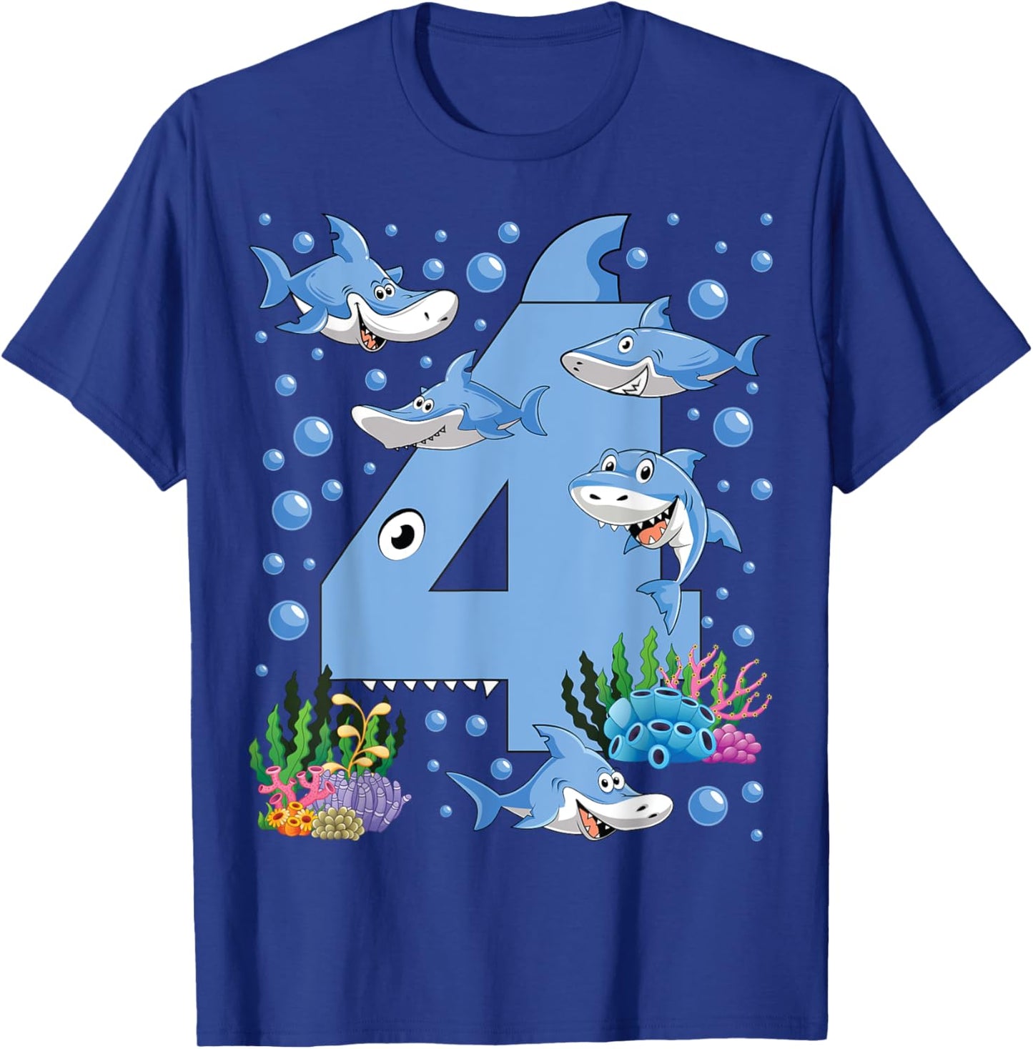 Kids 4 Years Old Shark Ocean Theme 4th Birthday Boy Party T-Shirt - T-Shirt | Royal