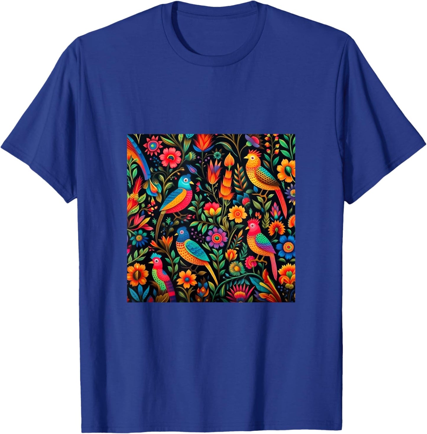Mexican Embroidery Pattern Art Birds Flowers T-Shirt - T-Shirt | Royal
