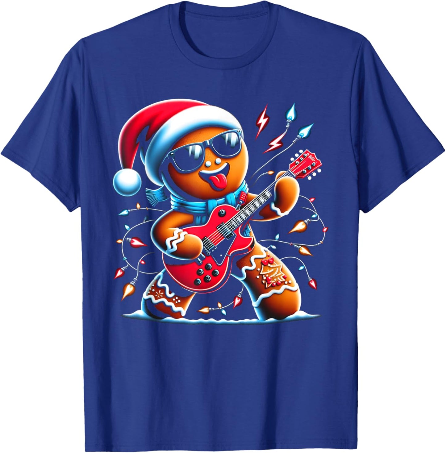 Rock Guitar Gingerbread Playing Guitar -Funny Christmas Kids T-Shirt - T-Shirt | Royal
