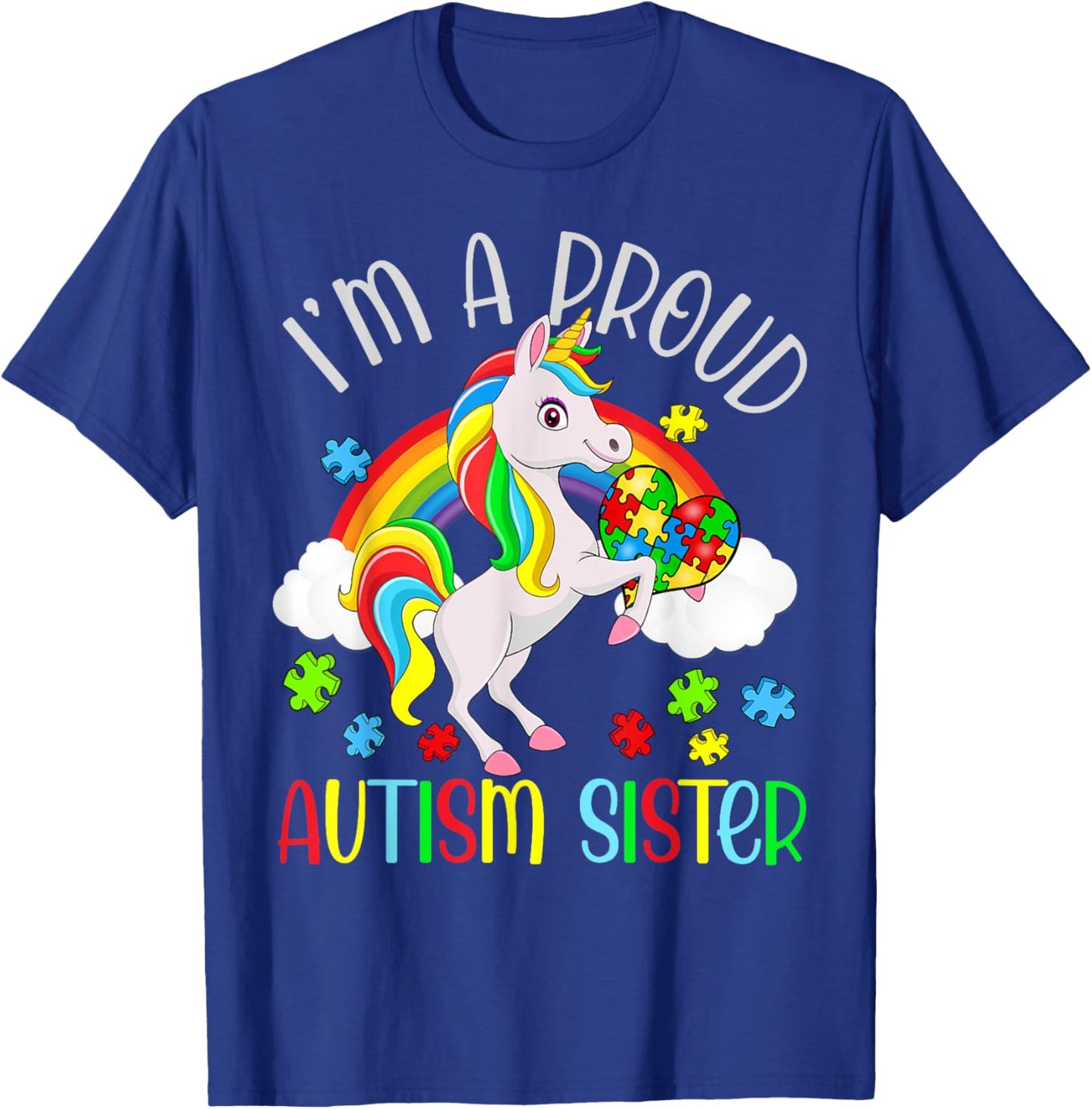 Proud Sister Autism Awareness Cute Unicorn Puzzle Piece T-Shirt - T-Shirt | Royal