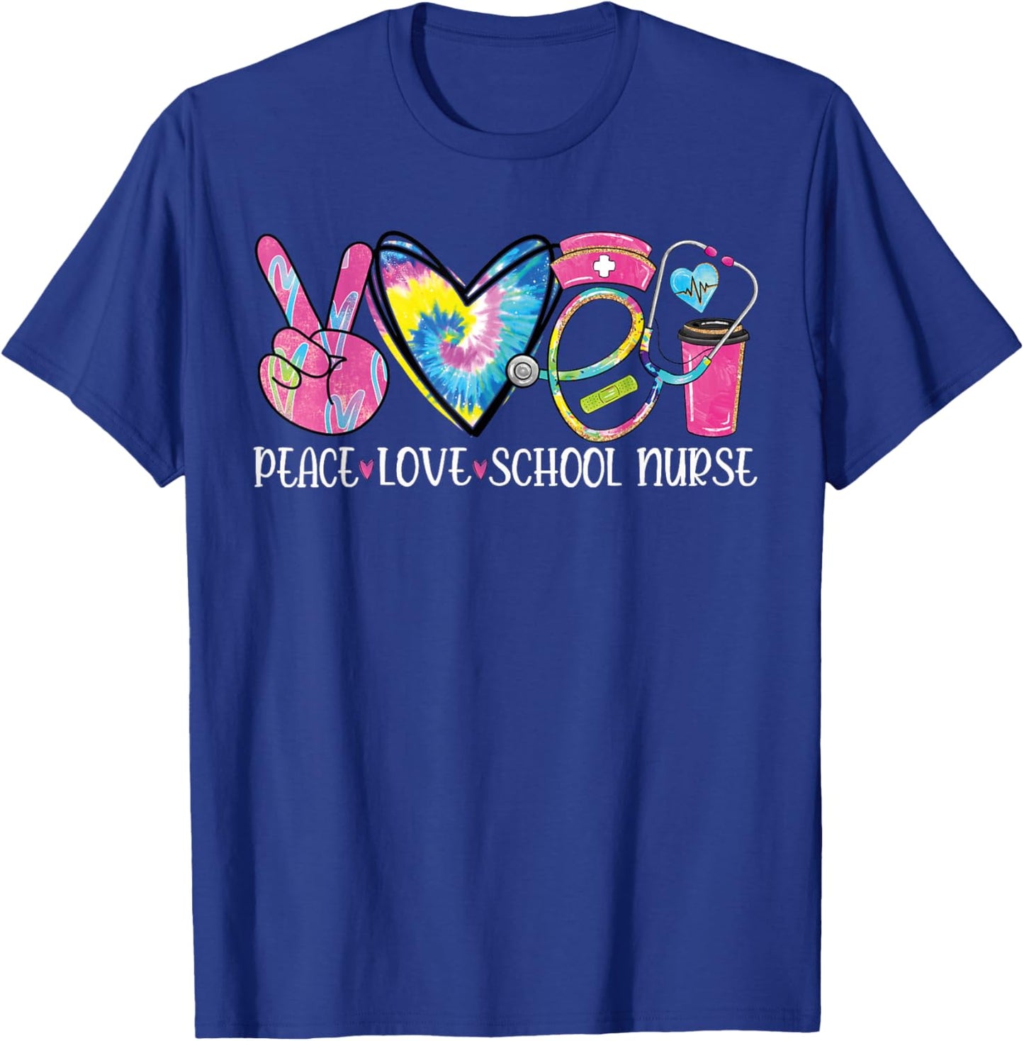Peace Love School Nurse Nursing Heart Stethoscope Nurse T-Shirt - T-Shirt | Royal