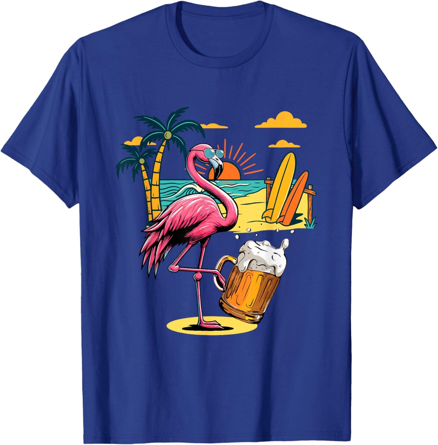 Flamingo Sunglasses Drinking Beer On Beach Funny Summer T-Shirt - T-Shirt | Royal