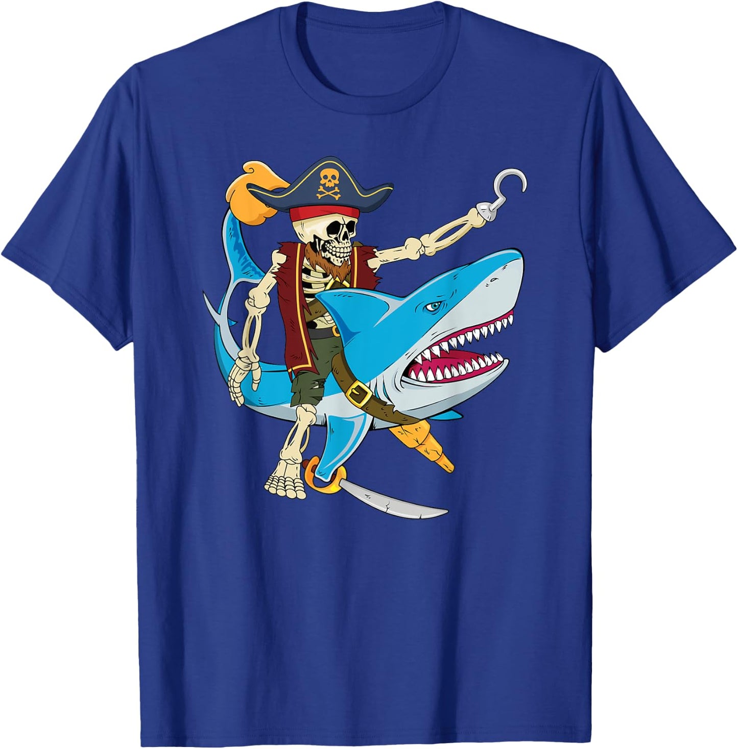 Skeleton Pirate Riding Shark Halloween Kids Boys T-Shirt - T-Shirt | Royal