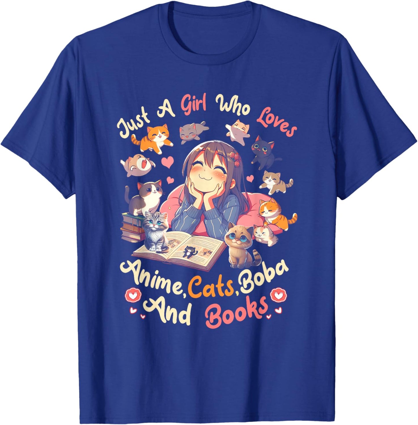 Just Girl Who Loves Anime Cats Boba And Books Bubble Tea T-Shirt - T-Shirt | Royal