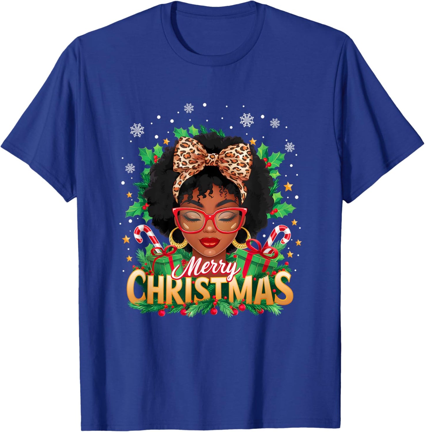 Merry Christmas African American Black Women Afro Messy Bun T-Shirt - T-Shirt | Royal