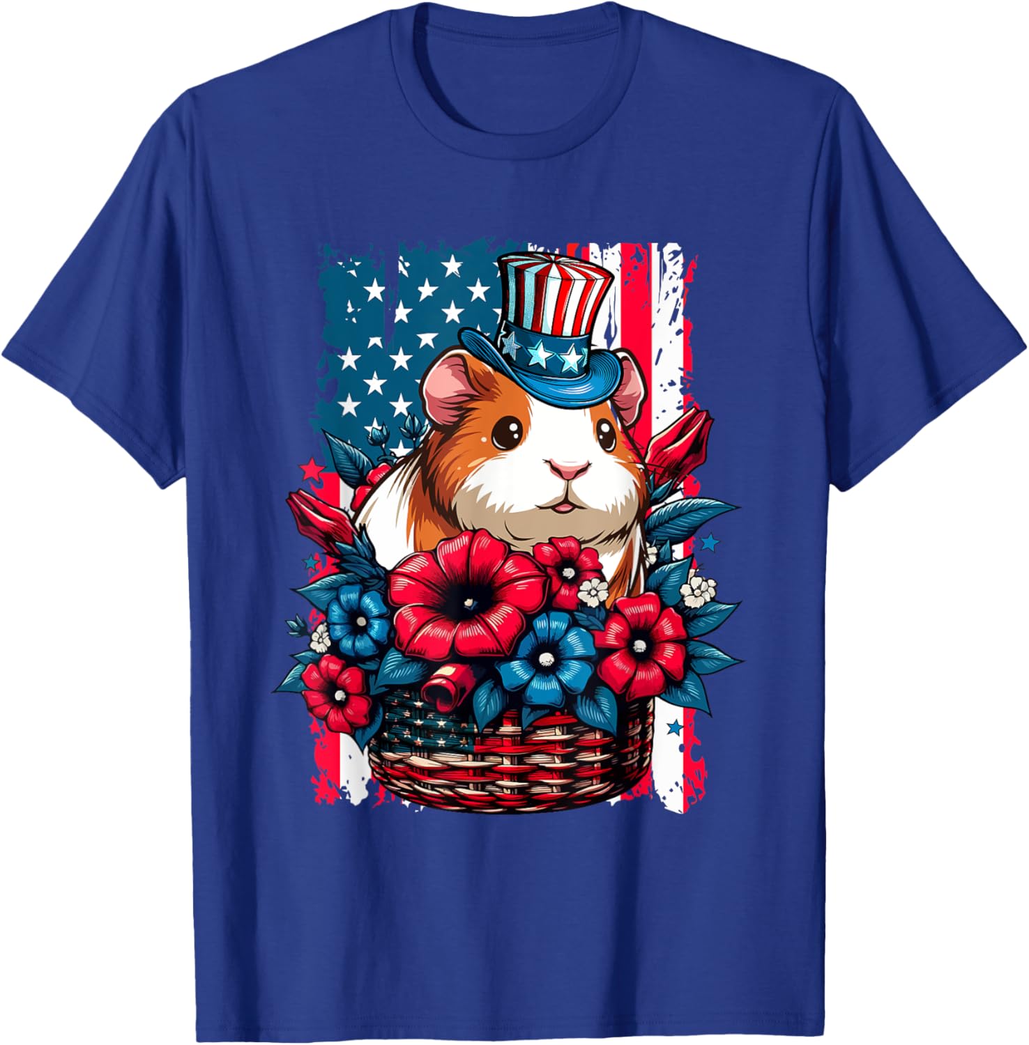 Guinea Pig Inside Flowers Basket 4th July US Flag Patriotic T-Shirt - T-Shirt | Royal