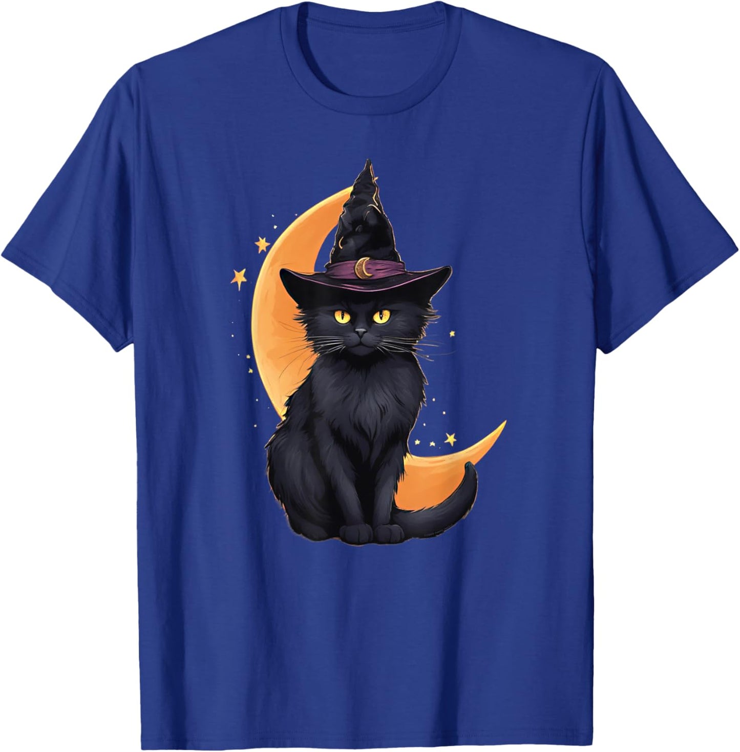 Black Cat Wearing Halloween Witch Hat Cat and Crescent Moon T-Shirt - T-Shirt | Royal