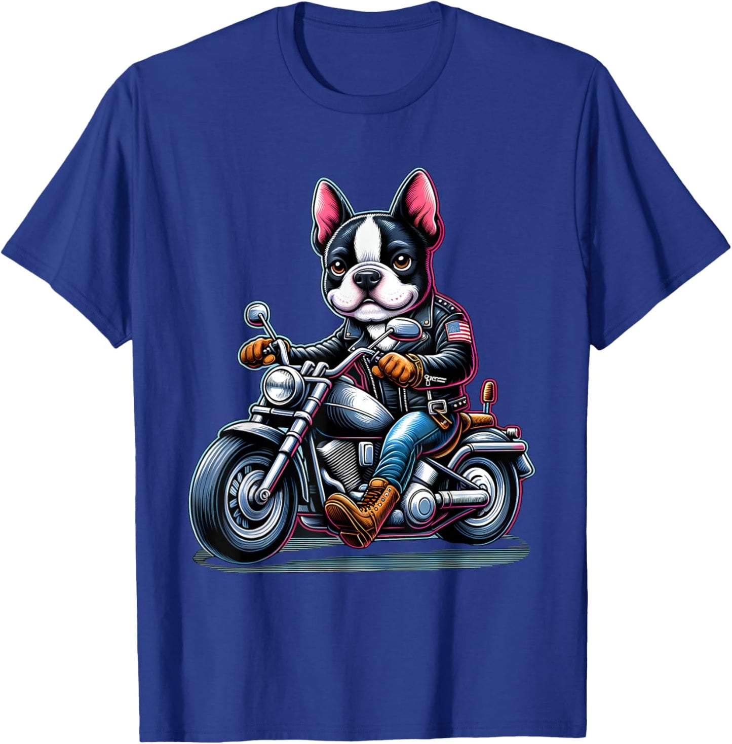 Biker Boston Terrier Dog Riding Motorbike T-Shirt - T-Shirt | Royal