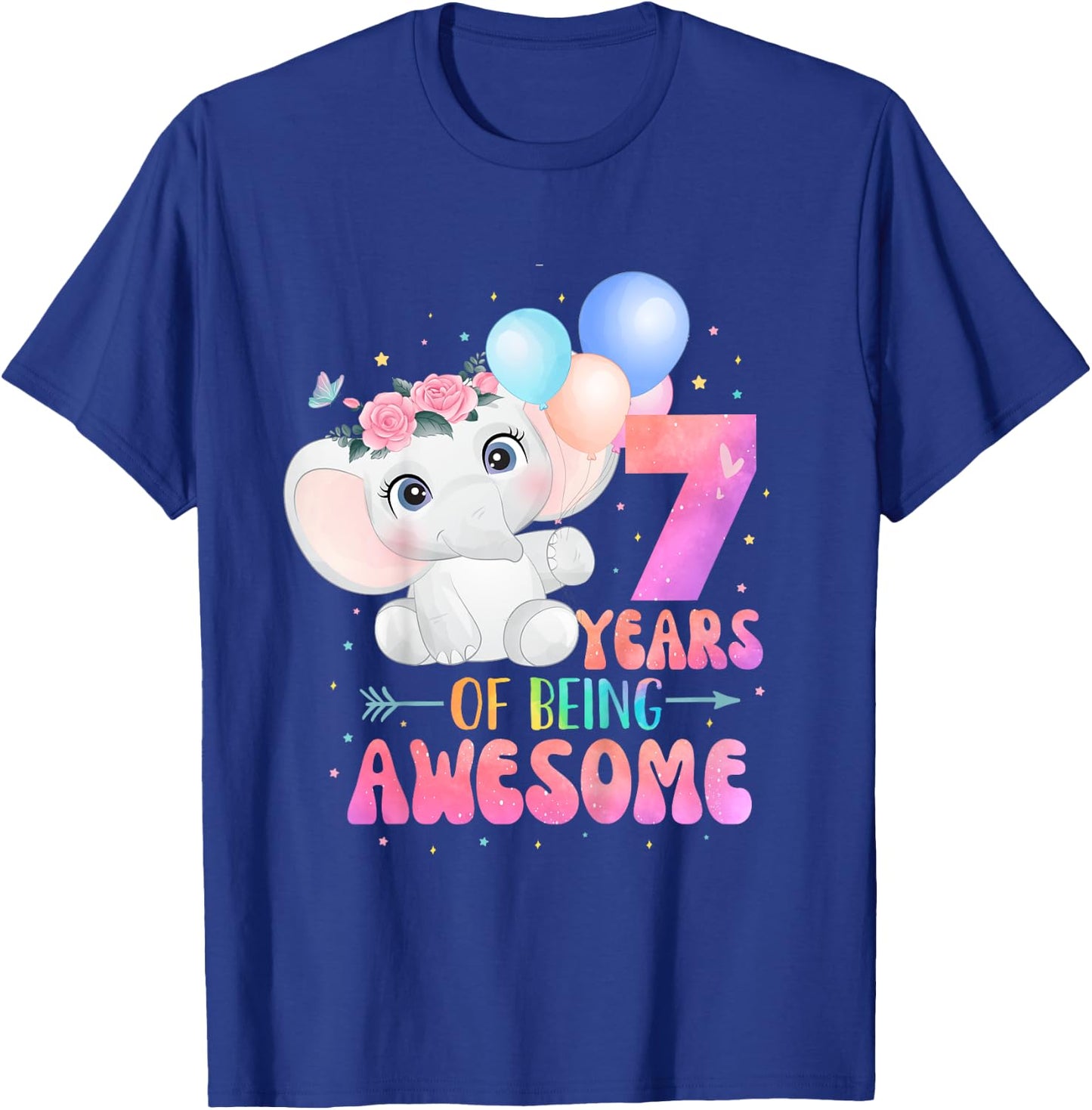 7 Years Of Being Awesome Cute Elephant 7th Birthday Girl T-Shirt - T-Shirt | Royal