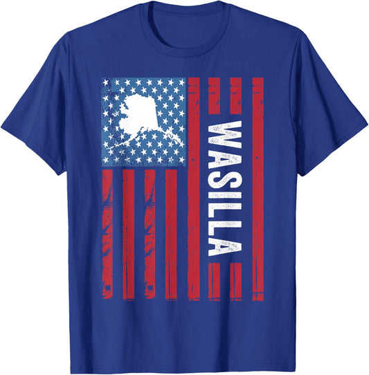 Wasilla Alaska with American Flag, Alaska Wasilla T-Shirt - T-Shirt | Royal