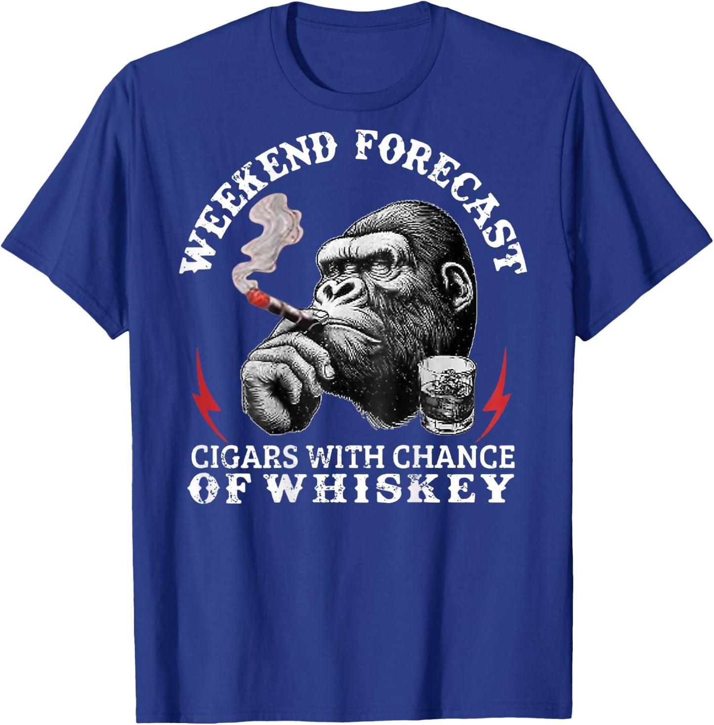 Weekend Forecast Cigars with A Chance of Whiskey Monkey T-Shirt - T-Shirt | Royal