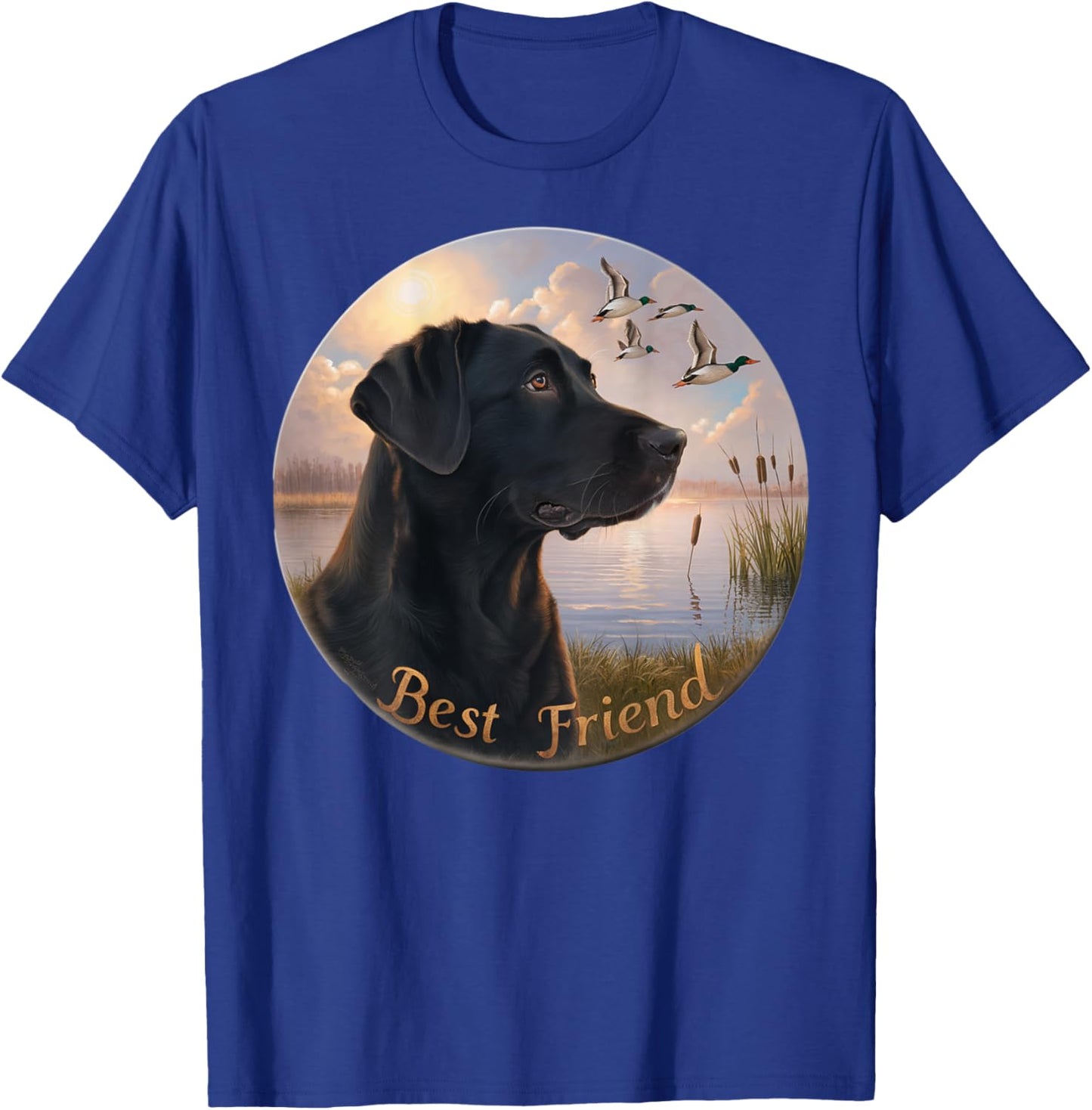 BACK PRINT. Hunting black labrador dog and geese with ducks T-Shirt - T-Shirt | Royal