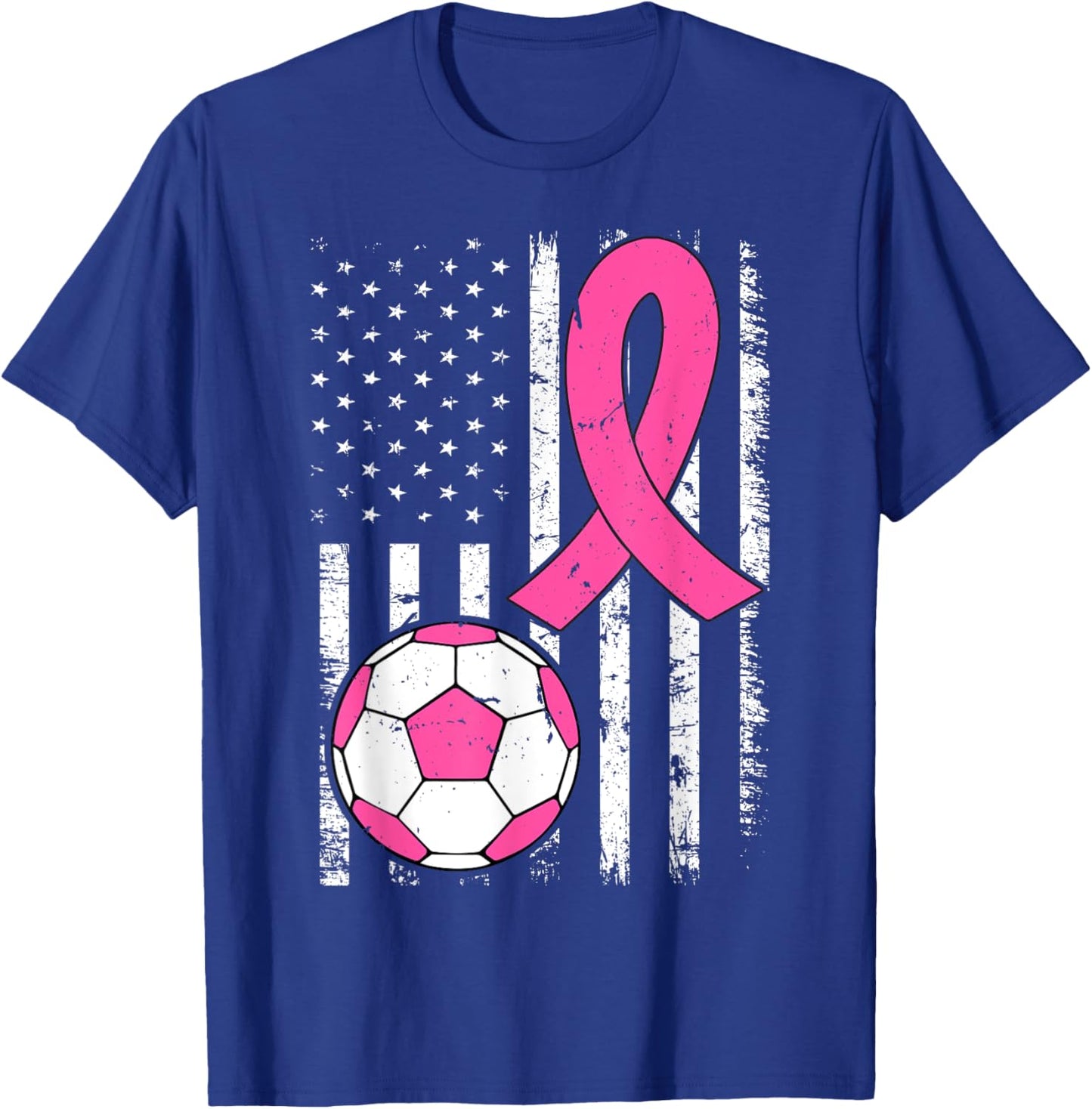 Soccer Ball Ribbon US Flag Breast Cancer Awareness Pink T-Shirt - T-Shirt | Royal