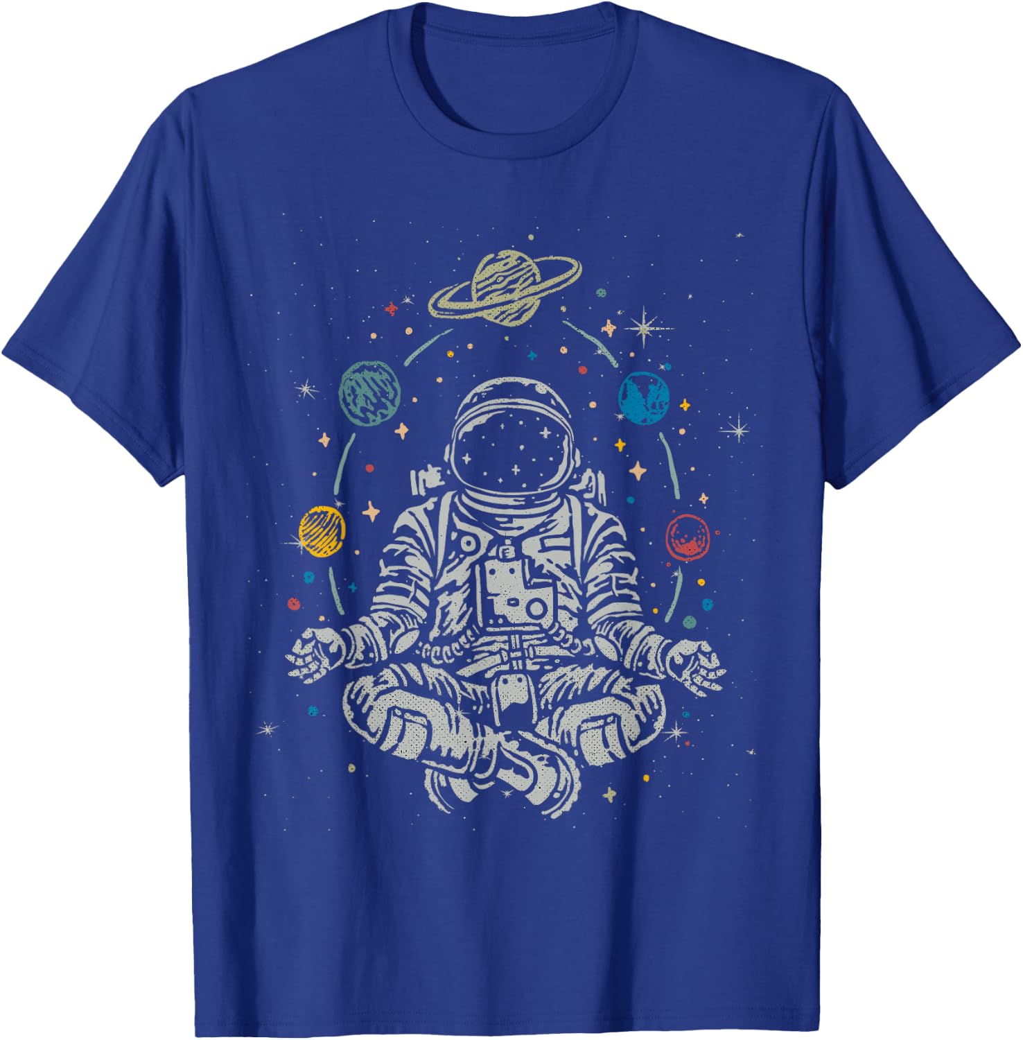 Vintage Lotus Meditating Astronaut Zen Yoga Planets Universe T-Shirt - T-Shirt | Royal