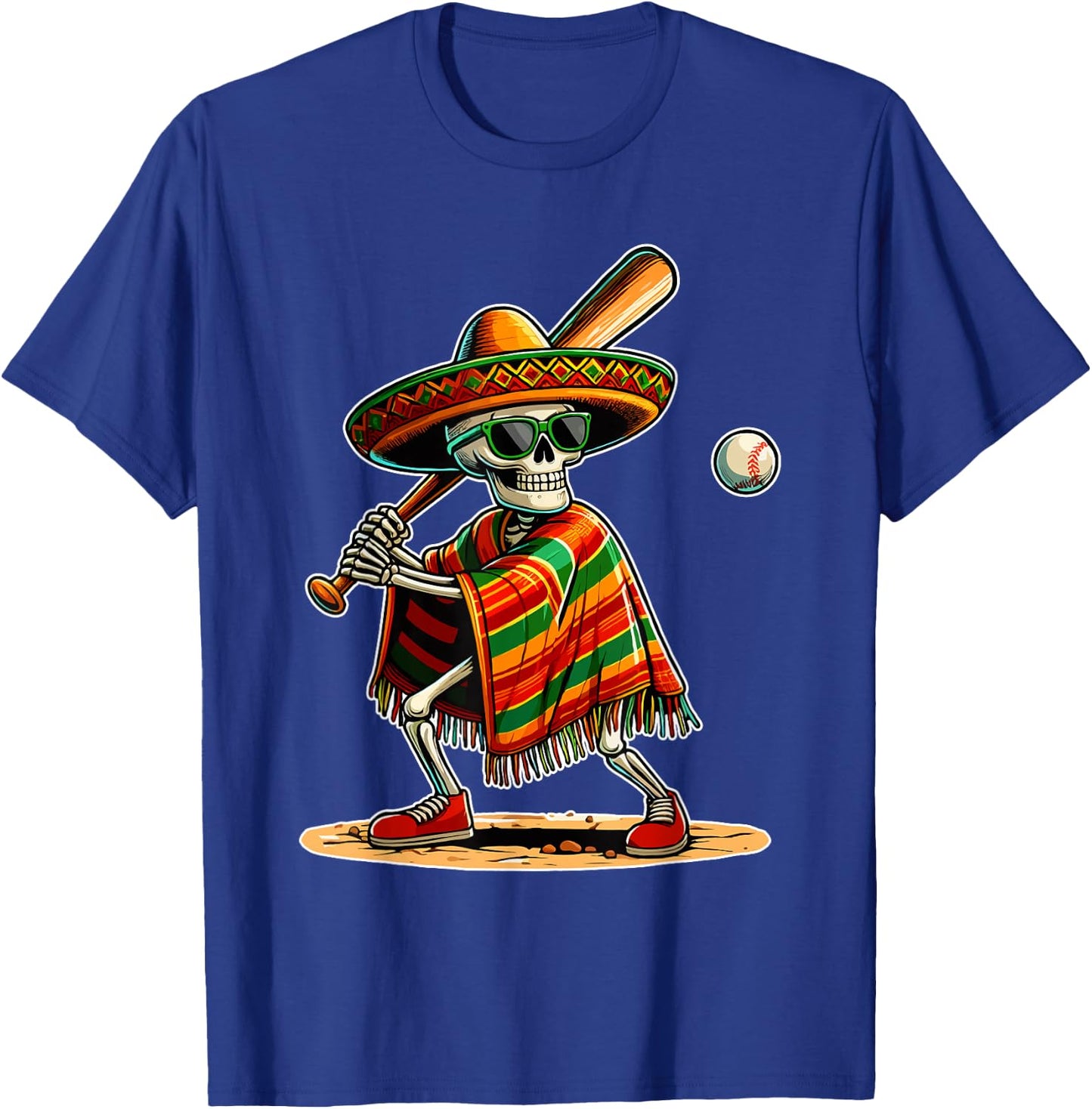 Baseball Skeleton Mexican Sombrero Cinco De Mayo T-Shirt - T-Shirt | Royal