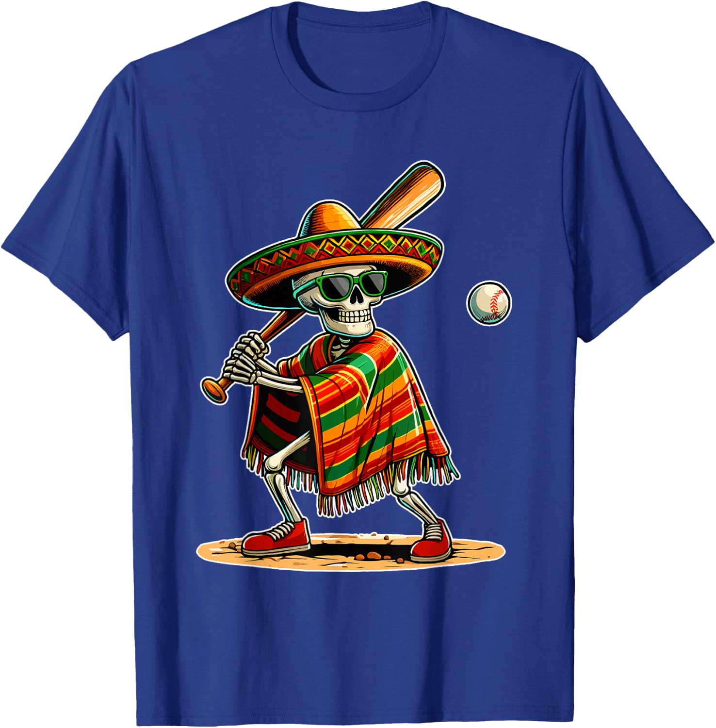 Baseball Skeleton Mexican Sombrero Cinco De Mayo T-Shirt - T-Shirt | Royal