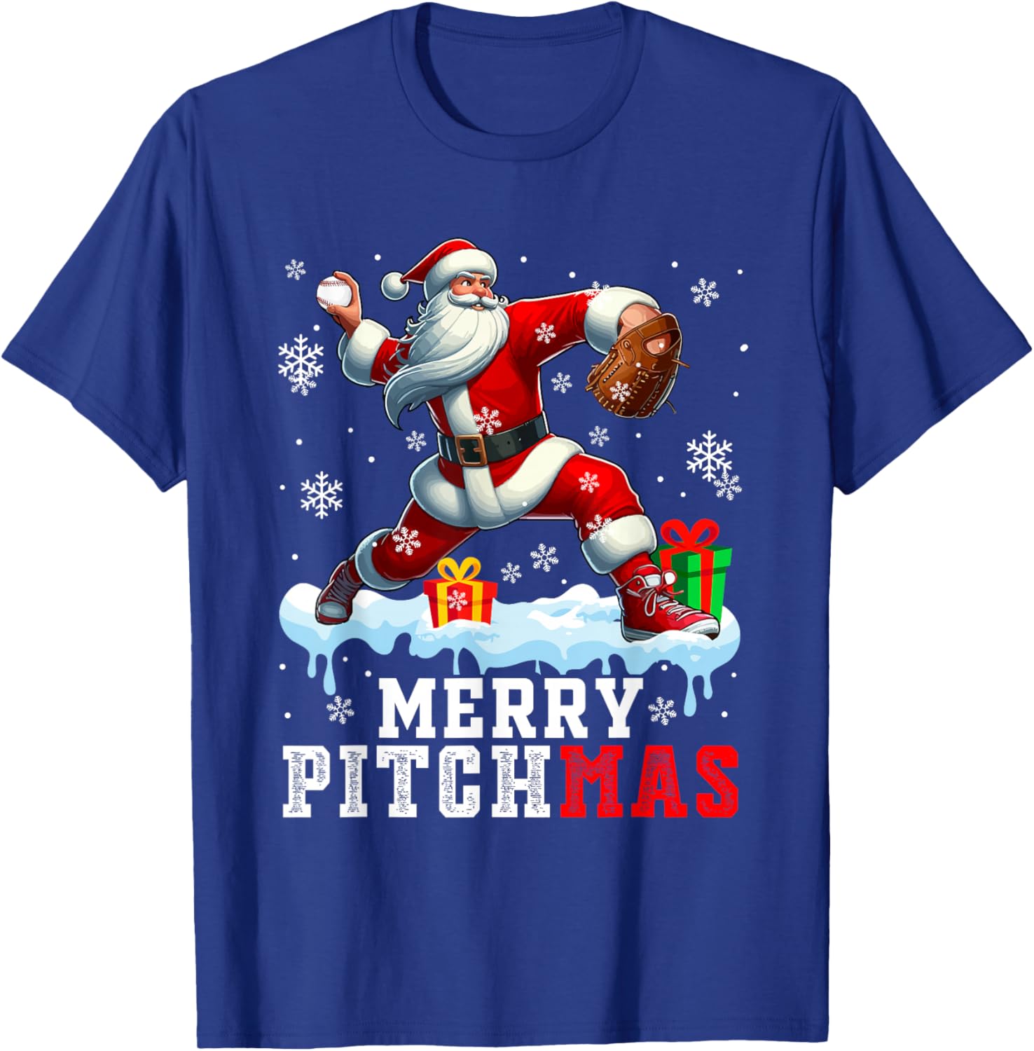 Merry Pitchmas Christmas Santa Pitcher Playing Baseball T-Shirt - T-Shirt | Royal