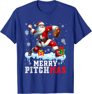 Merry Pitchmas Christmas Santa Pitcher Playing Baseball T-Shirt - T-Shirt | Royal