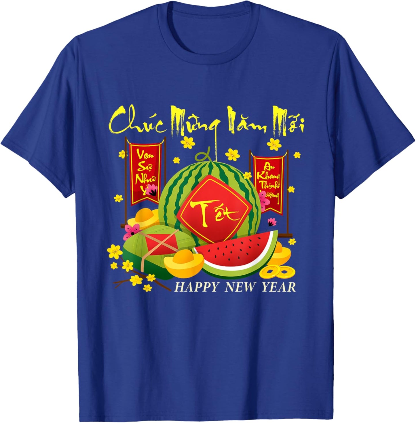 Happy Vietnamese Lunar New Year Wishes Chuc Mung Nam Moi -Adults Black Short Sleeve Classic Fit Cotton Blend T-Shirt - T-Shirt | Royal