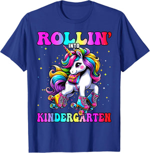 Kindergarten Back To School First Day Girls Rollin Unicorn T-Shirt - T-Shirt | Royal