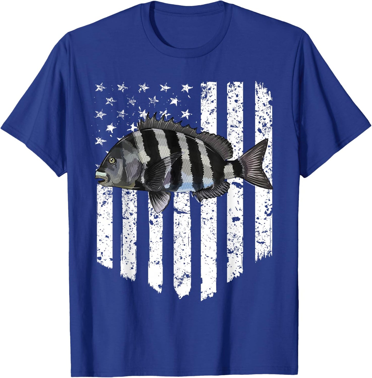 Black White American Flag Sheepshead 4th Of July Fish T-Shirt - T-Shirt | Royal