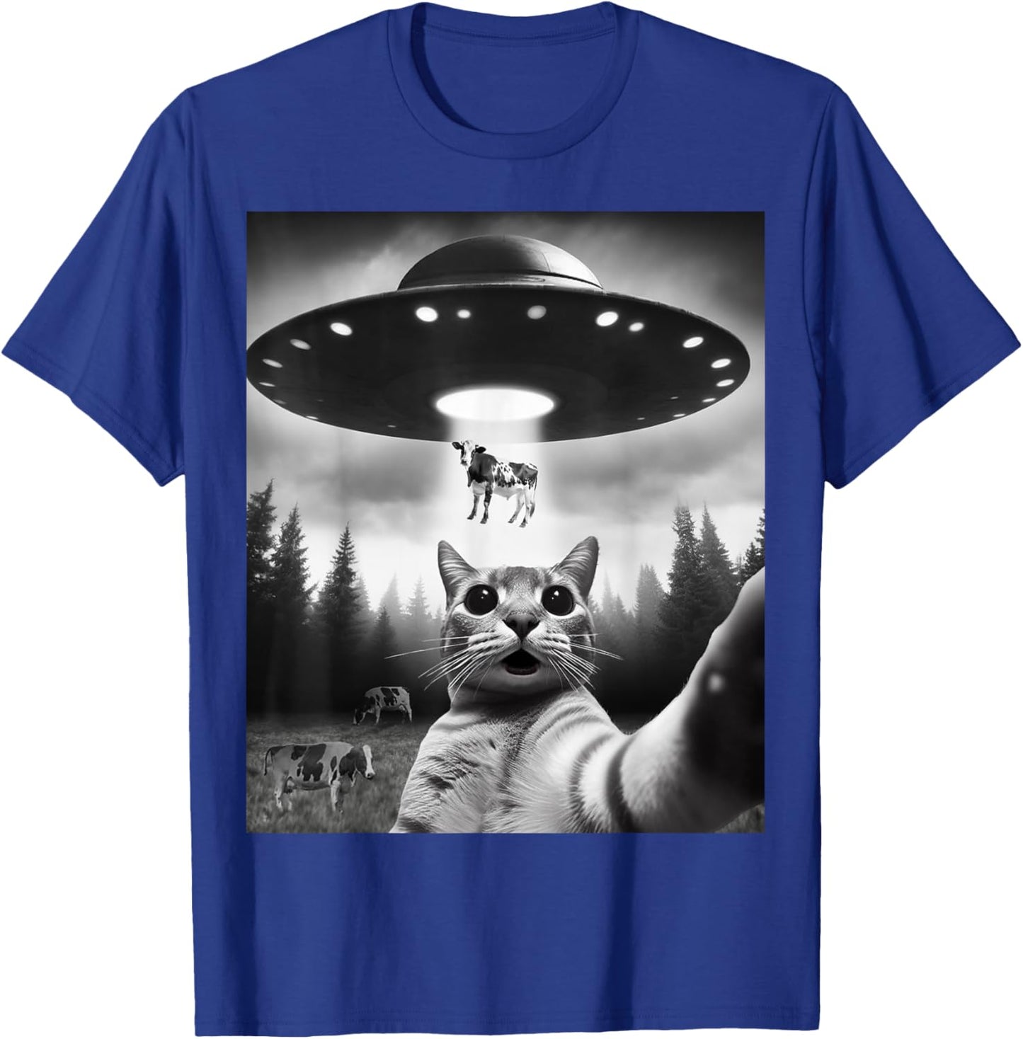 Funny Cat Selfie Flying Alien UFO Abducting Cow Cryptid Men Women Girls Kids T-Shirt - T-Shirt | Royal